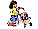 Girl playing with a doll in a pram